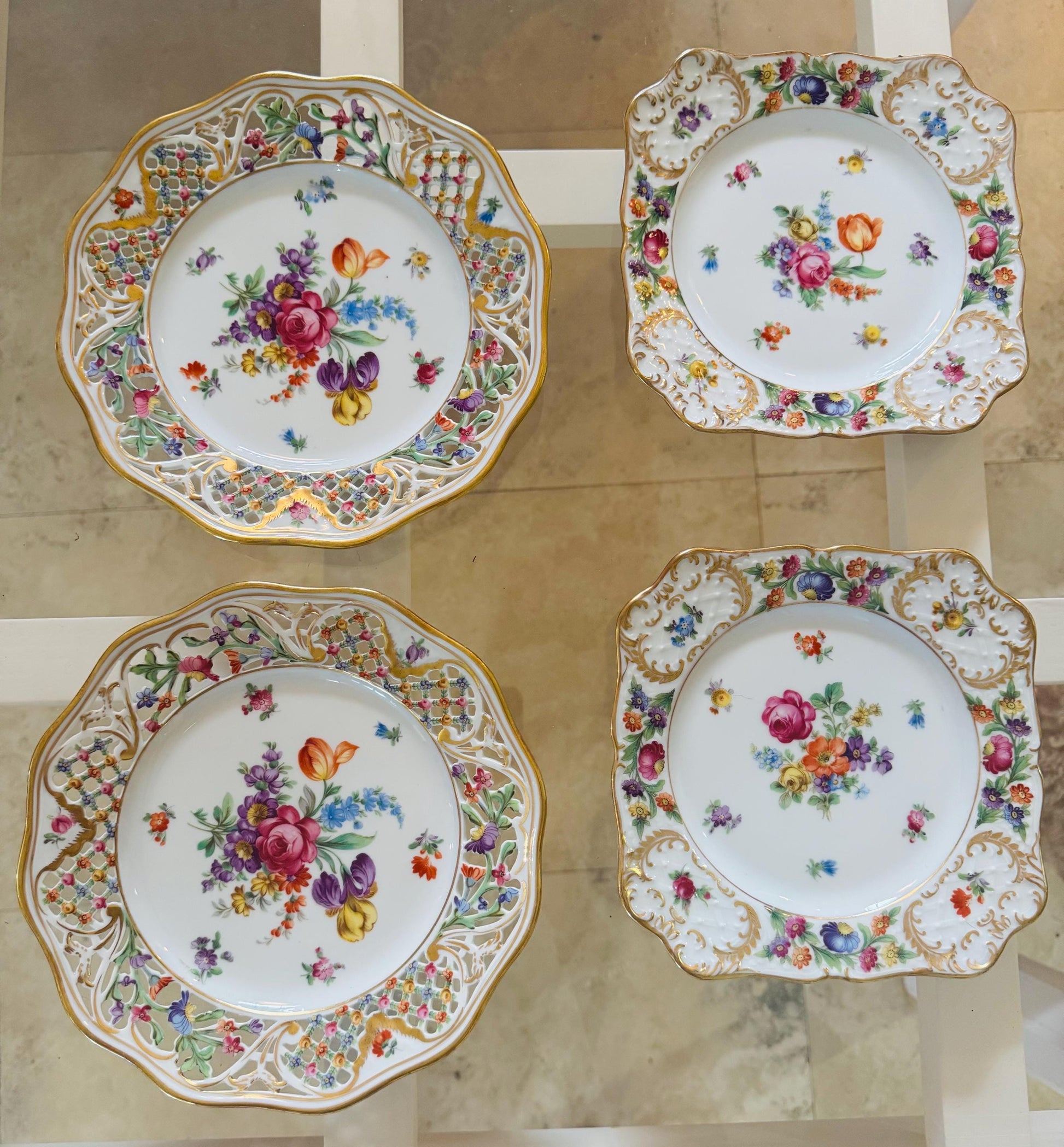 Royal Dresden Flowers Plates Bavaria Schumann Royal Dresdener Plates luncheon Square Plates and Salad Reticulated Plates RARE