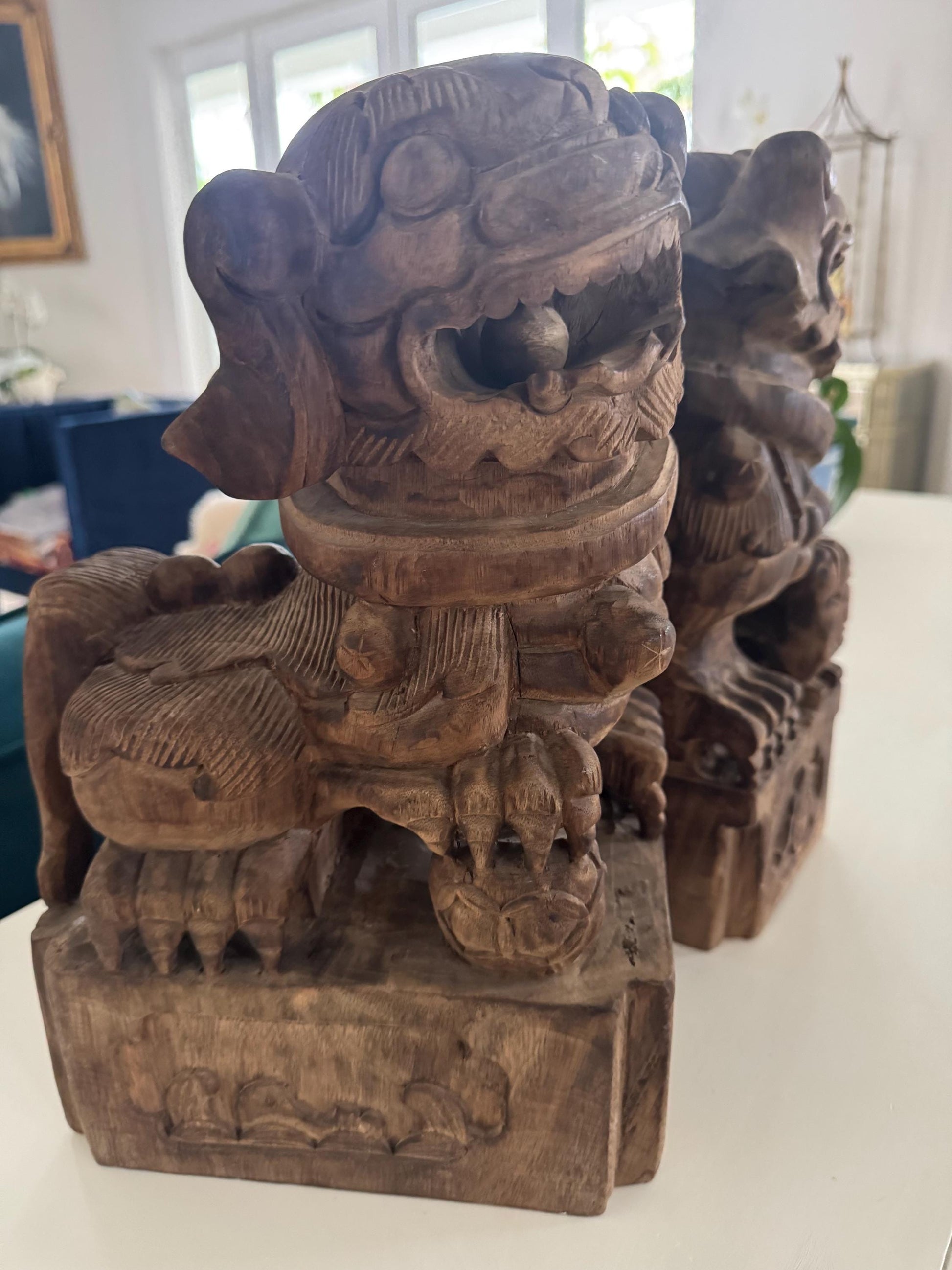 Foo Dogs Carved vintage wood Unique old Foo dogs Shi Shi Lion Pair