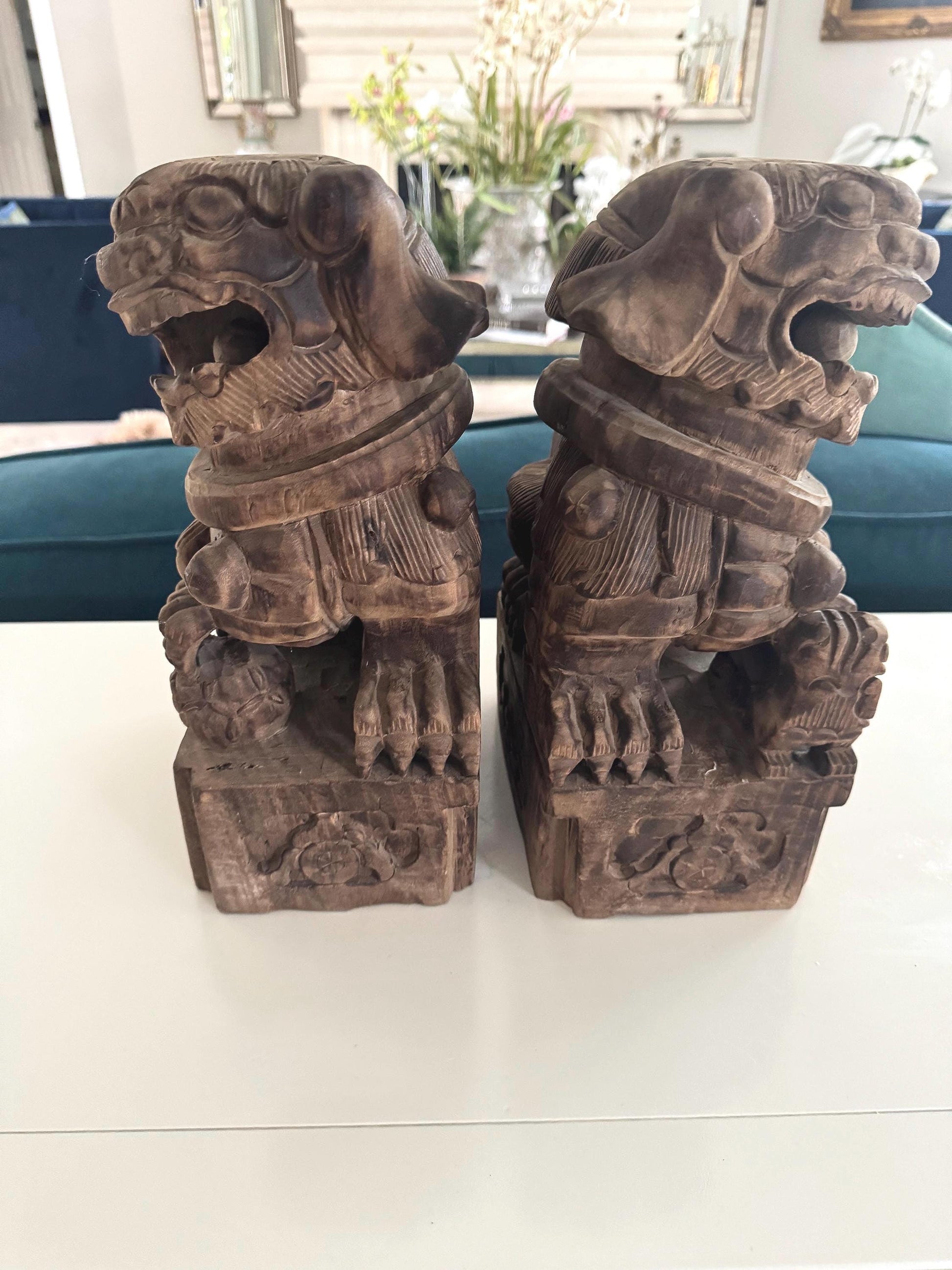 vintage carved wood foo dogs
