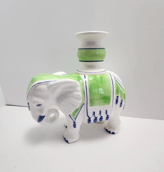 Elephant Candlestick Fitz and Floyd Chinoserie Palm Beach Regency Green and blue elephant