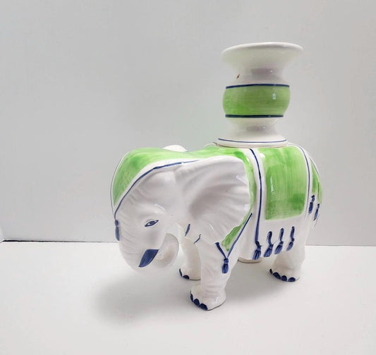 Elephant Candlestick Fitz and Floyd Chinoserie Palm Beach Regency Green and blue elephant