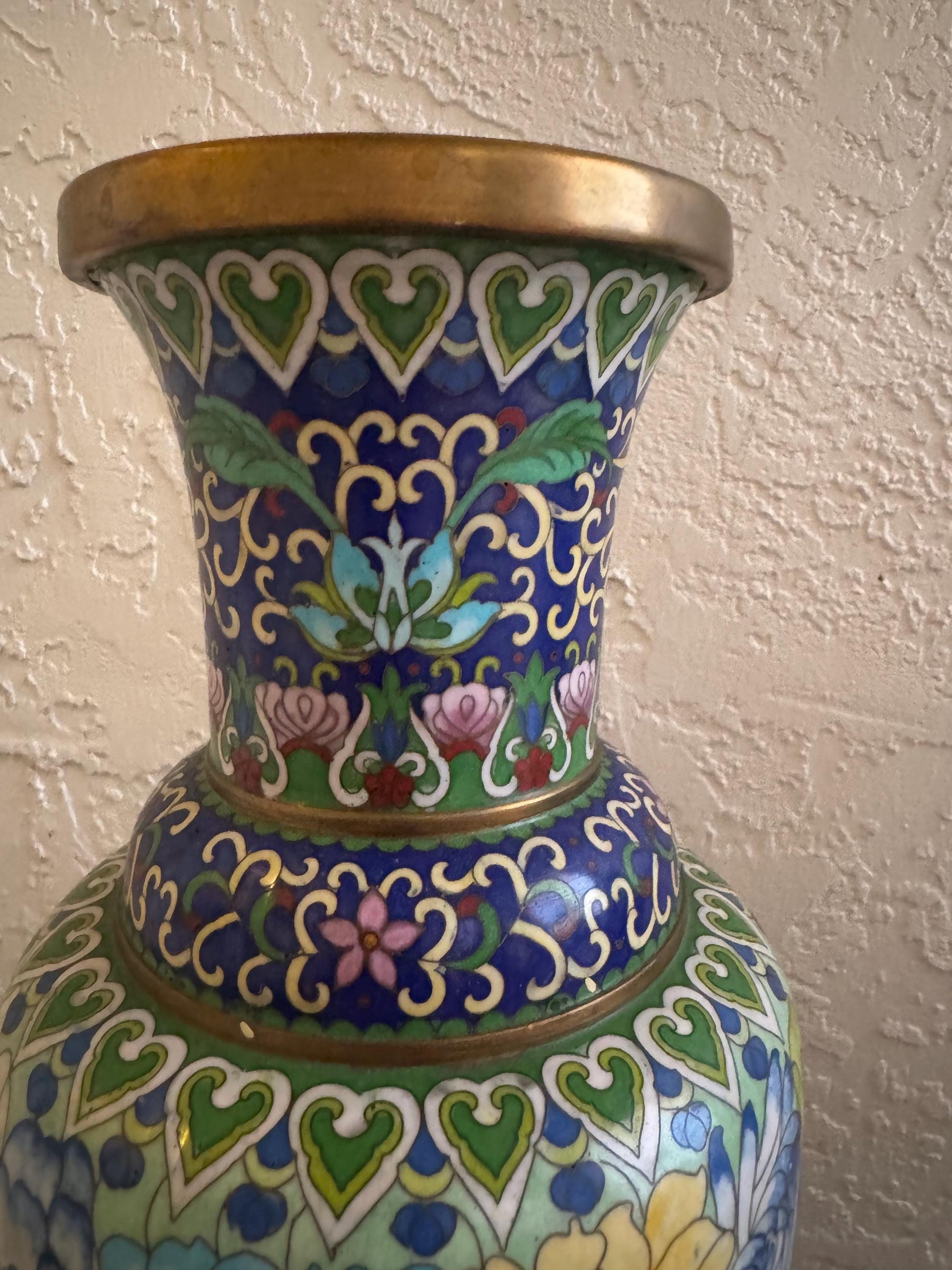 Antique Cloisonné vase with teak stand Porcelain over brass vase gorgeous Famille rose print vases