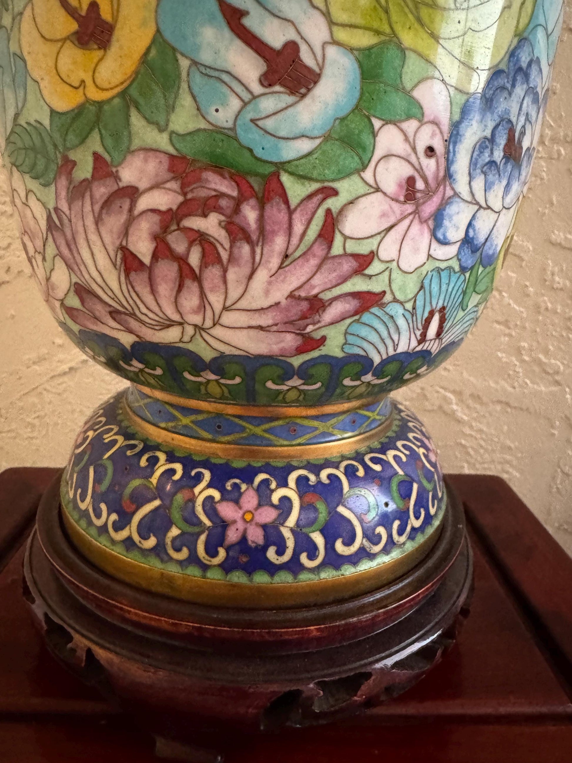 Antique Cloisonné vase with teak stand Porcelain over brass vase gorgeous Famille rose print vases