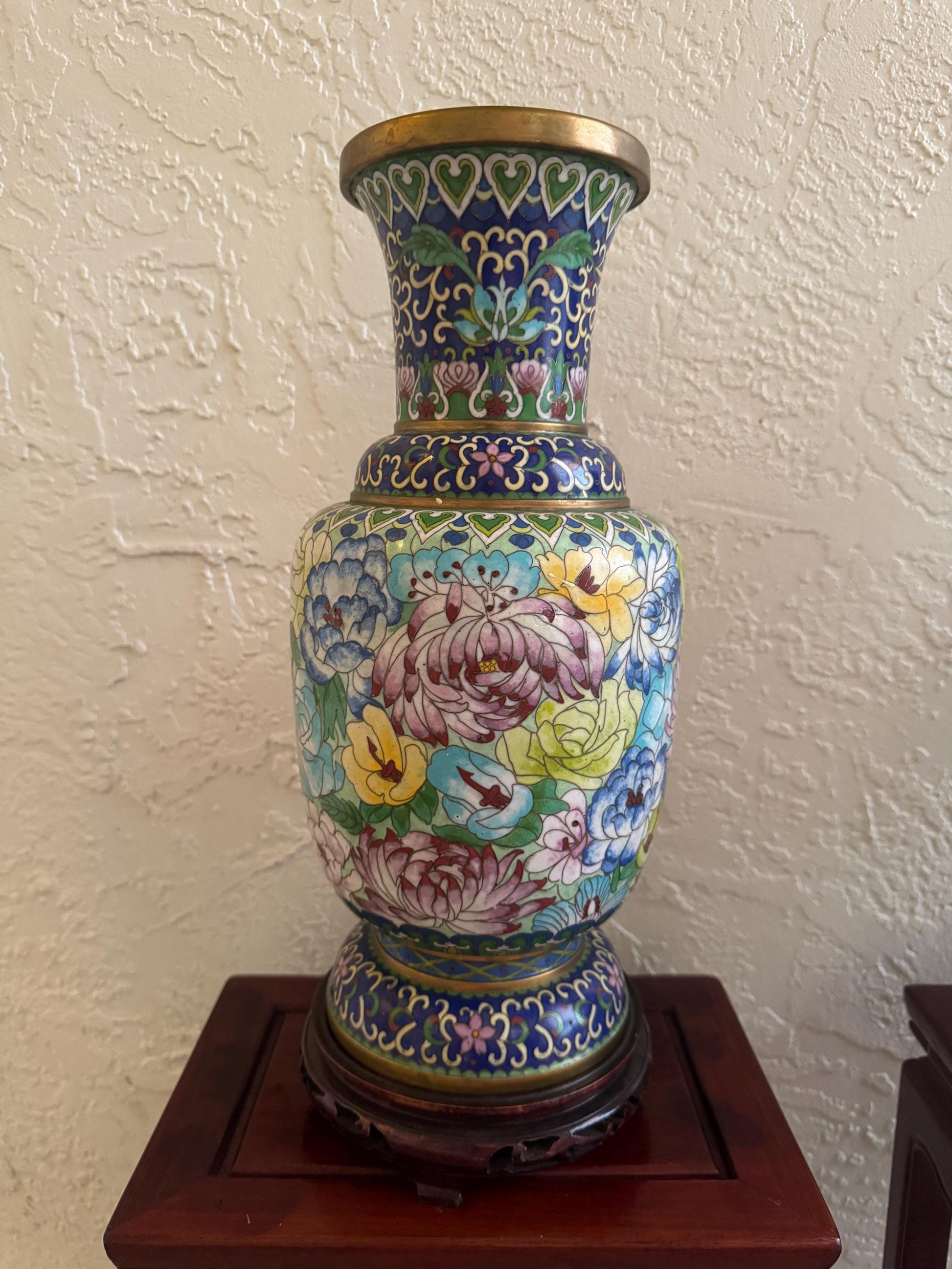 Antique Cloisonné vase with teak stand Porcelain over brass vase gorgeous Famille rose print vases