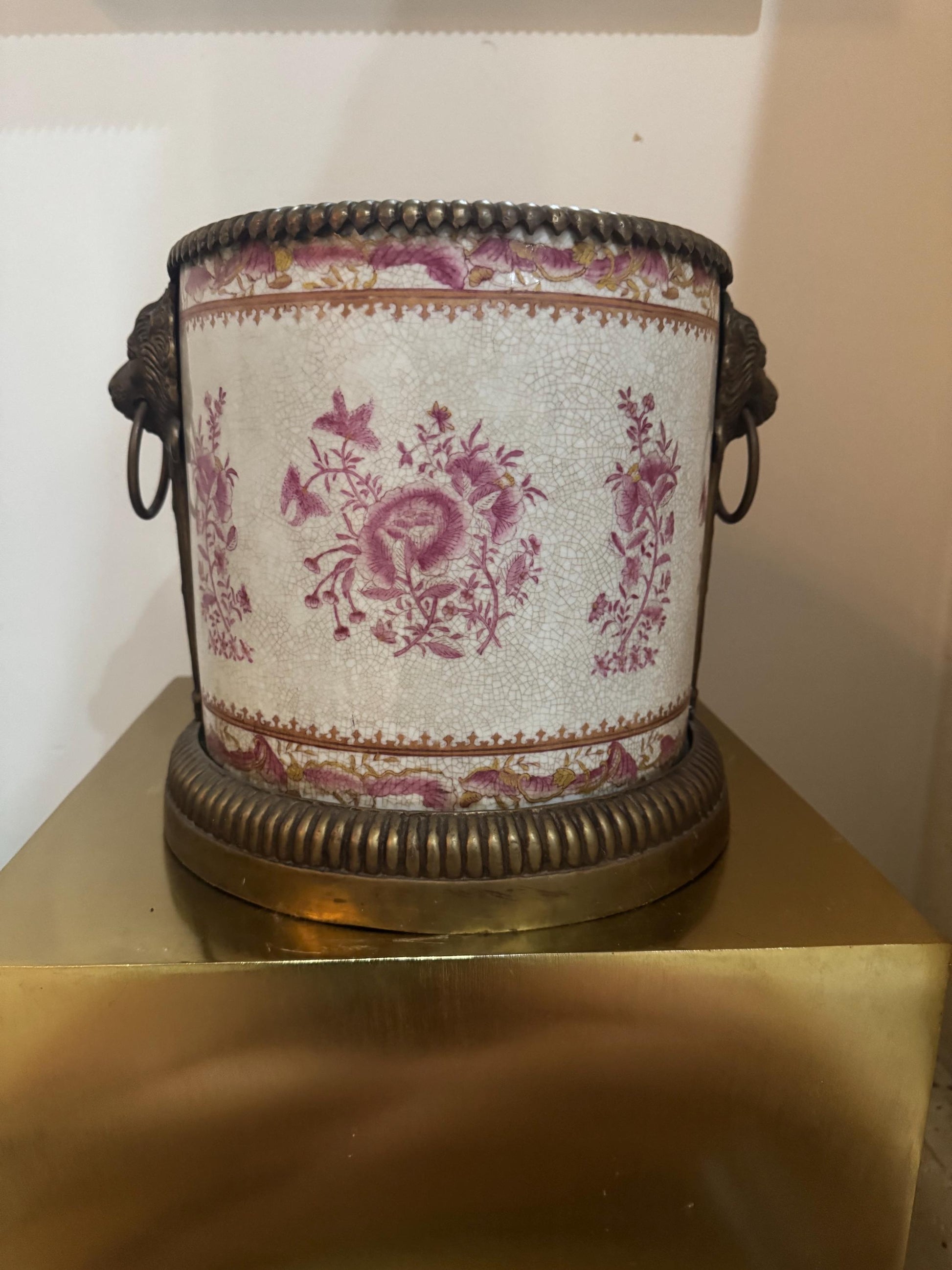 United Wilson Brass Lion Planter in pink Rare Chinoserie planter brass trim pot cache pot united Wilson wong Lee