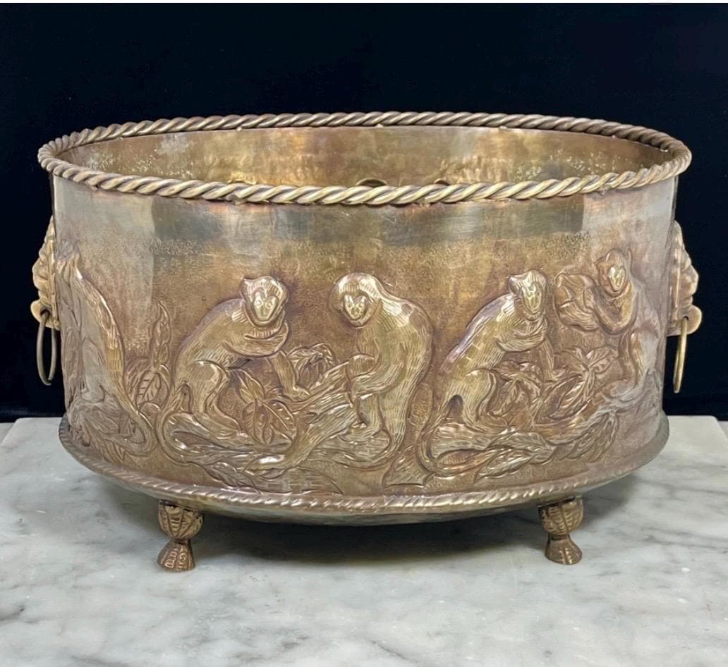 Brass Monkey Planter Castilian Imports Repousse 1960 monkey planter with lion handles