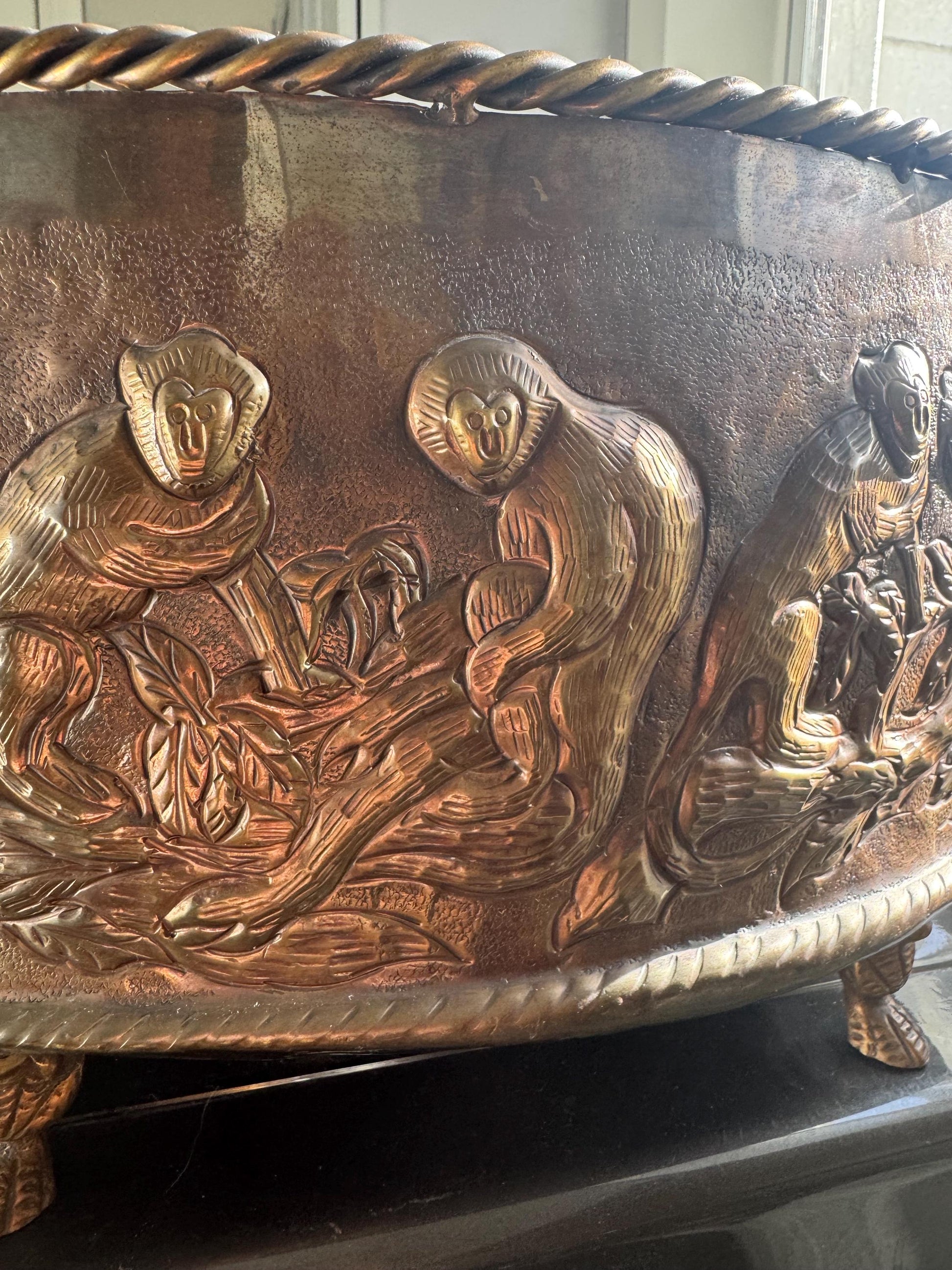 Brass Monkey Planter Castilian Imports Repousse 1960 monkey planter with lion handles