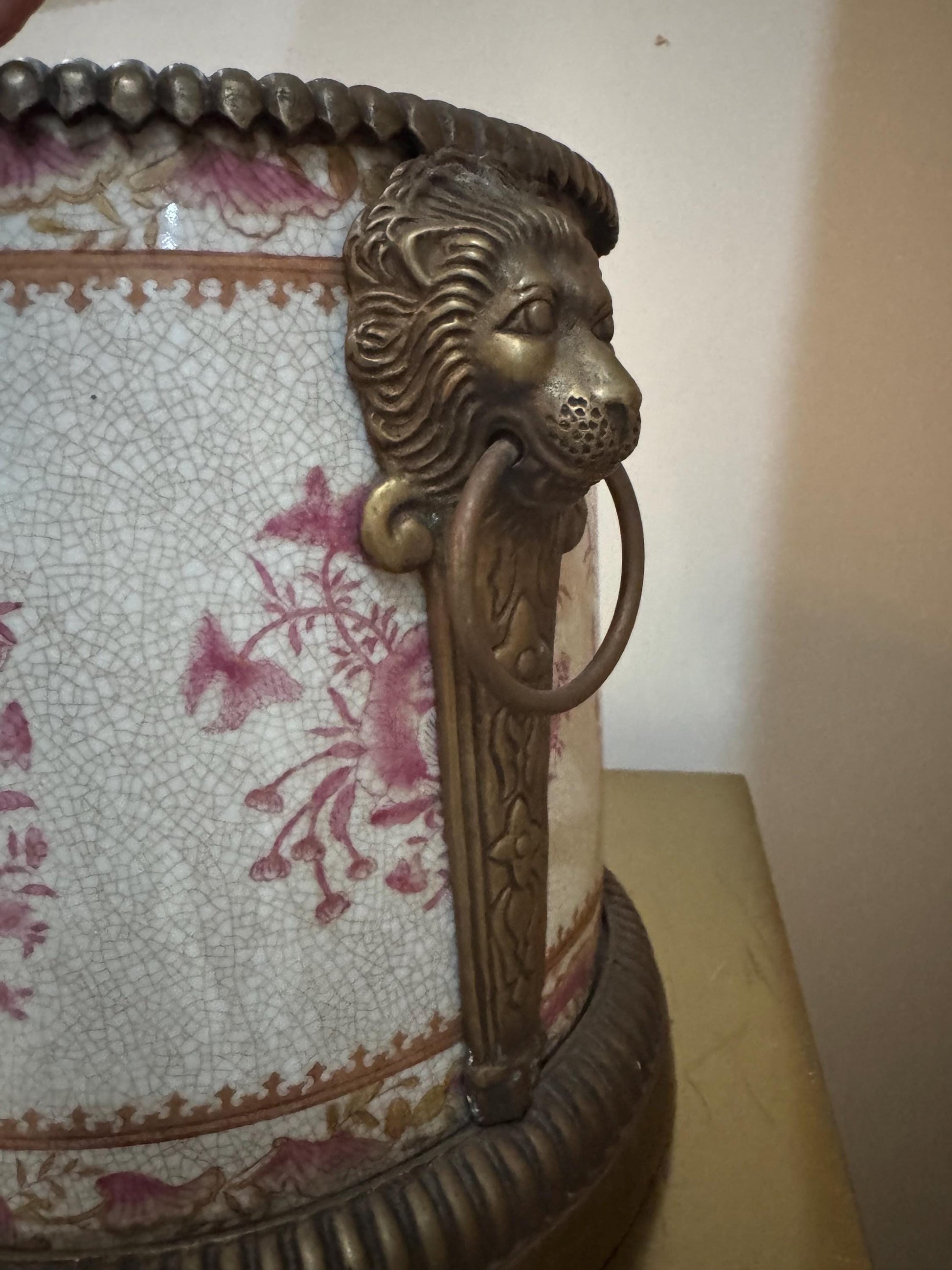 United Wilson Brass Lion Planter in pink Rare Chinoserie planter brass trim pot cache pot united Wilson wong Lee