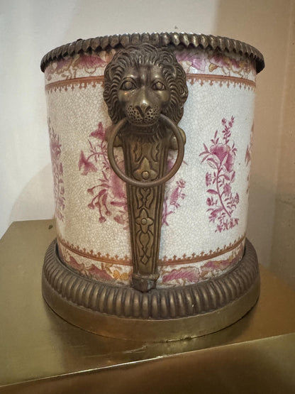 United Wilson Brass Lion Planter in pink Rare Chinoserie planter brass trim pot cache pot united Wilson wong Lee