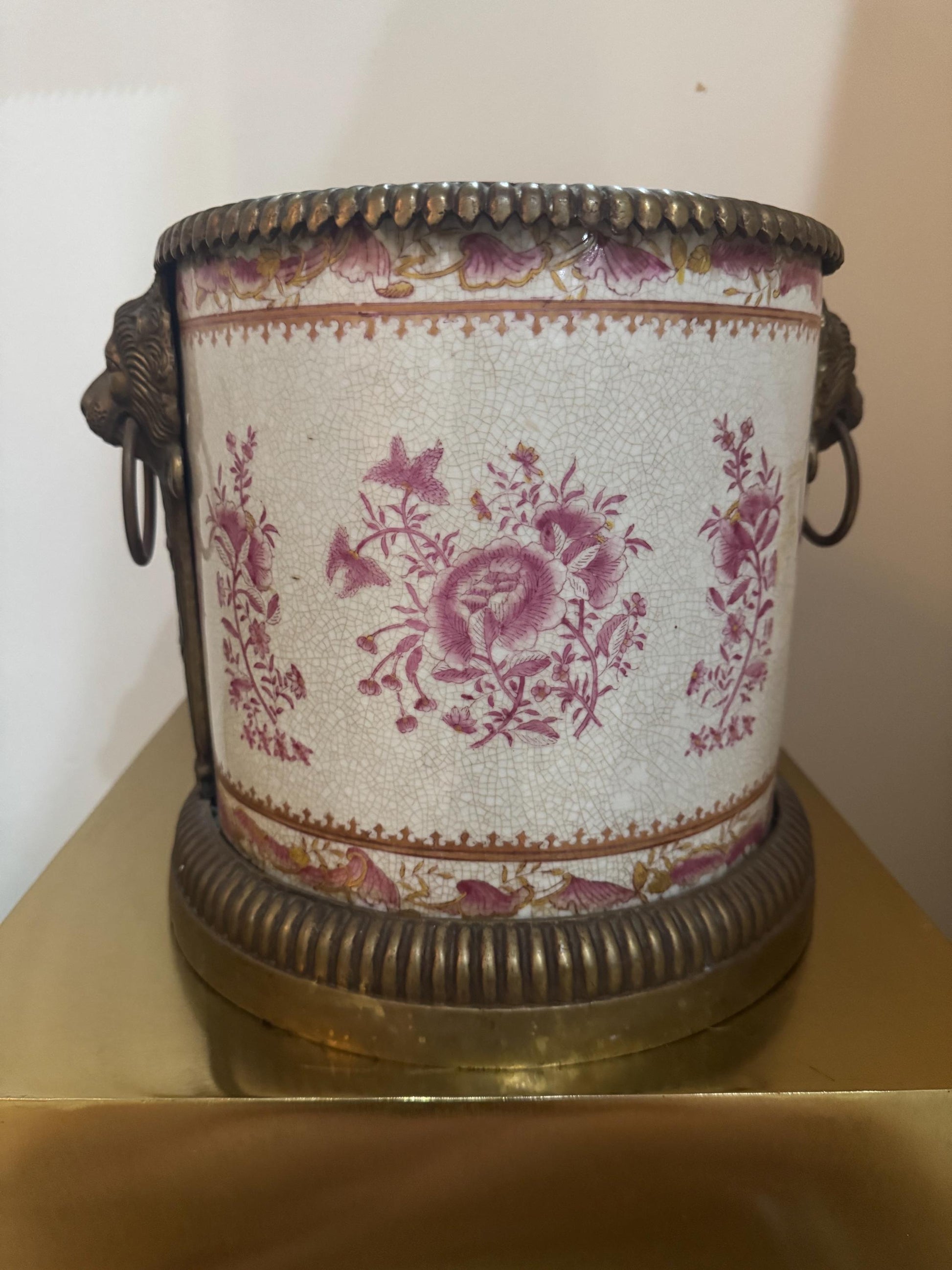 United Wilson Brass Lion Planter in pink Rare Chinoserie planter brass trim pot cache pot united Wilson wong Lee
