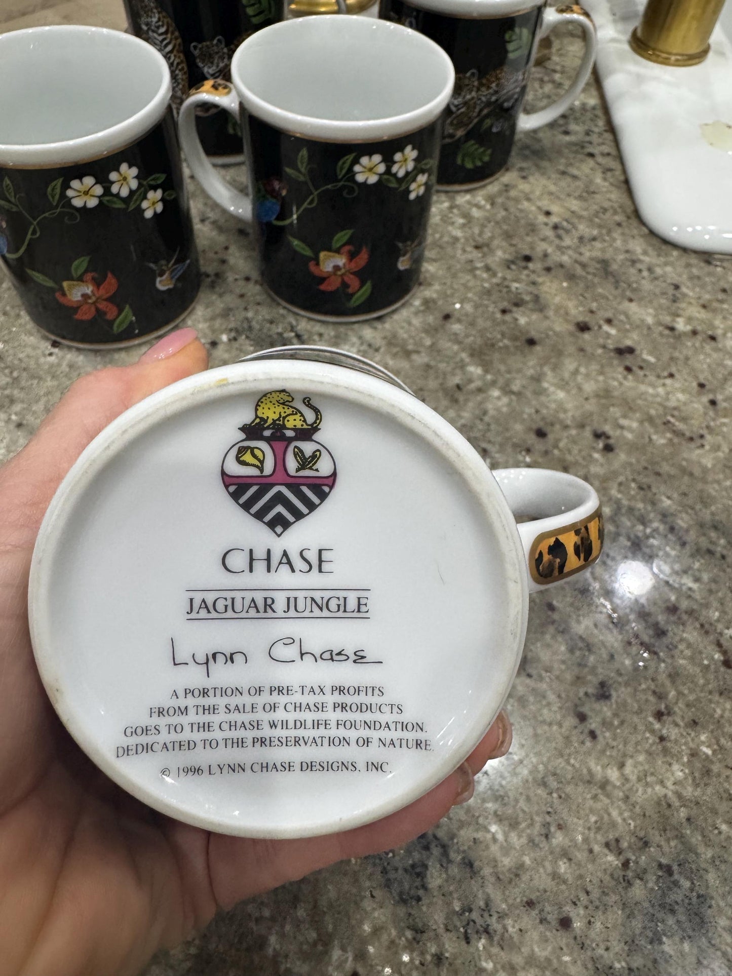 Lynn Chase Jaguar Jungle Cups Mugs Leopard Coffee Cups Gold trim set of 5