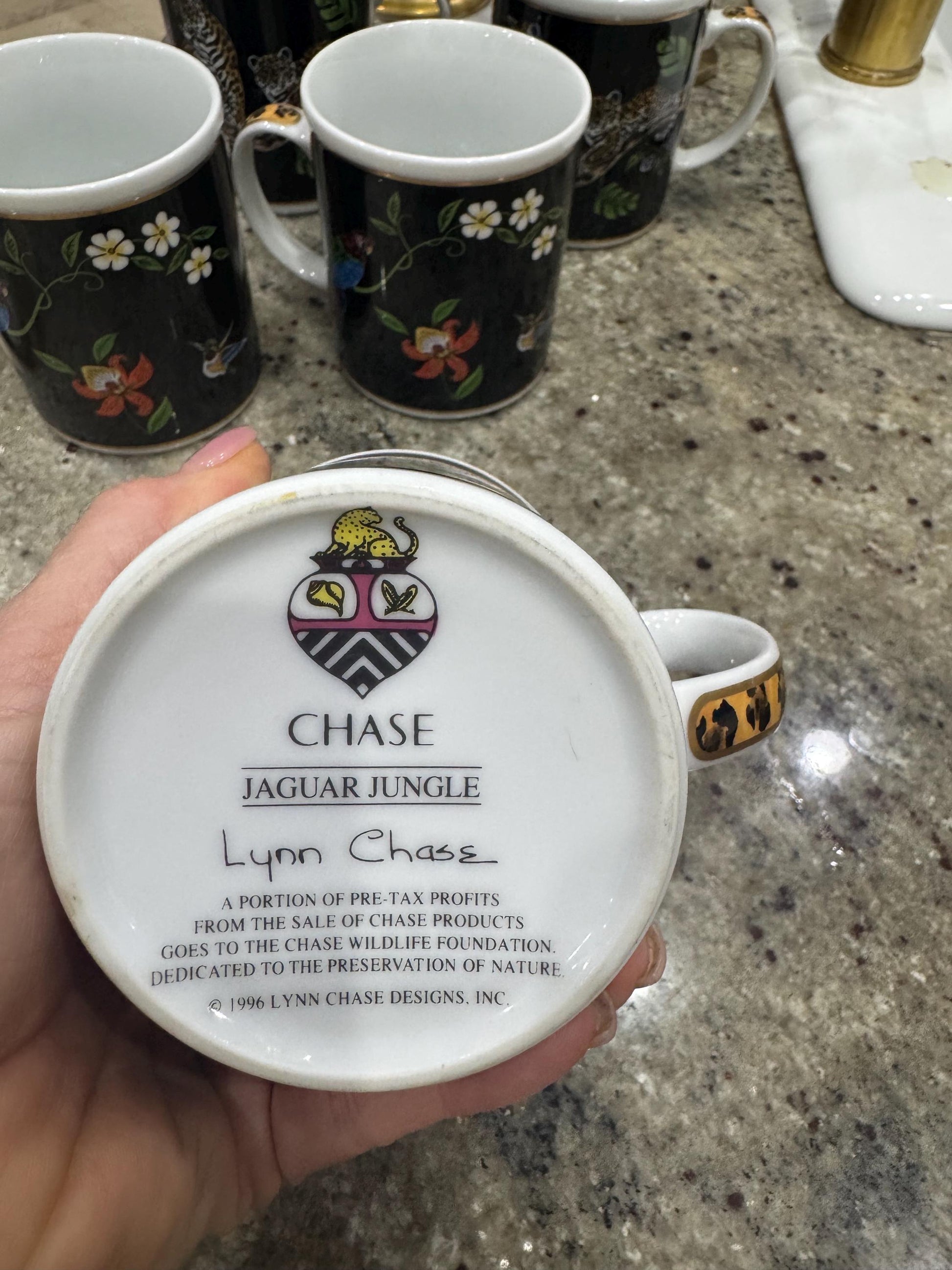 Lynn Chase Jaguar Jungle Cups Mugs Leopard Coffee Cups Gold trim set of 5