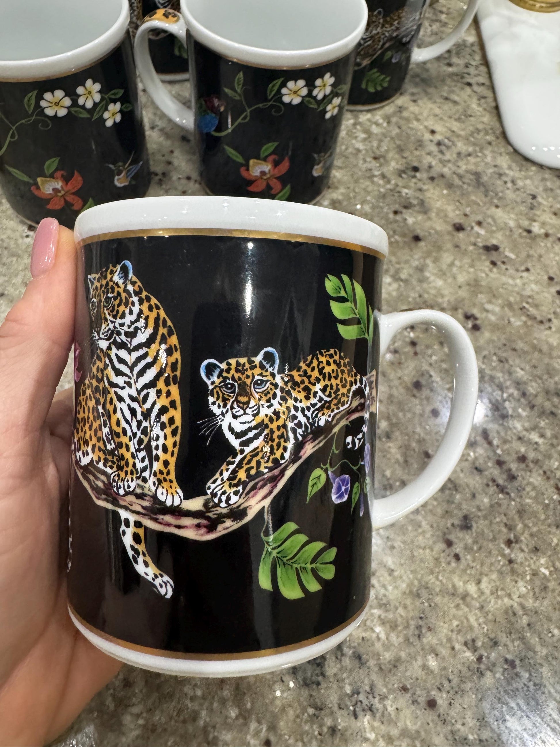 Lynn Chase Jaguar Jungle Cups Mugs Leopard Coffee Cups Gold trim set of 5