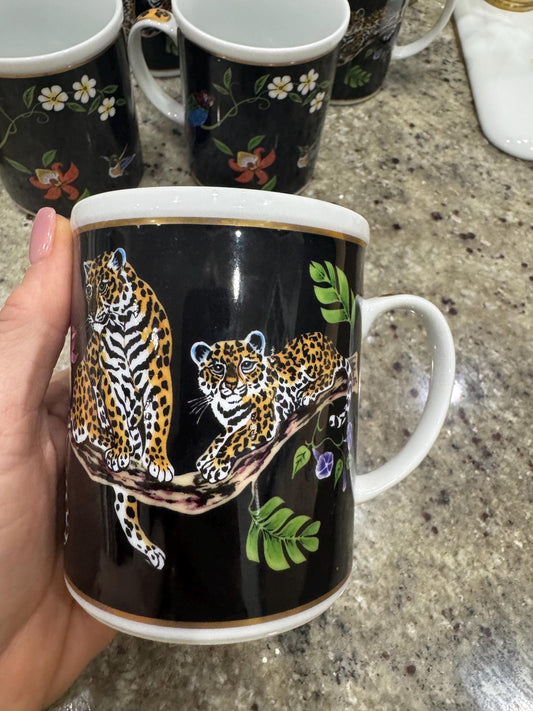 Lynn Chase Jaguar Jungle Cups Mugs Leopard Coffee Cups Gold trim set of 5