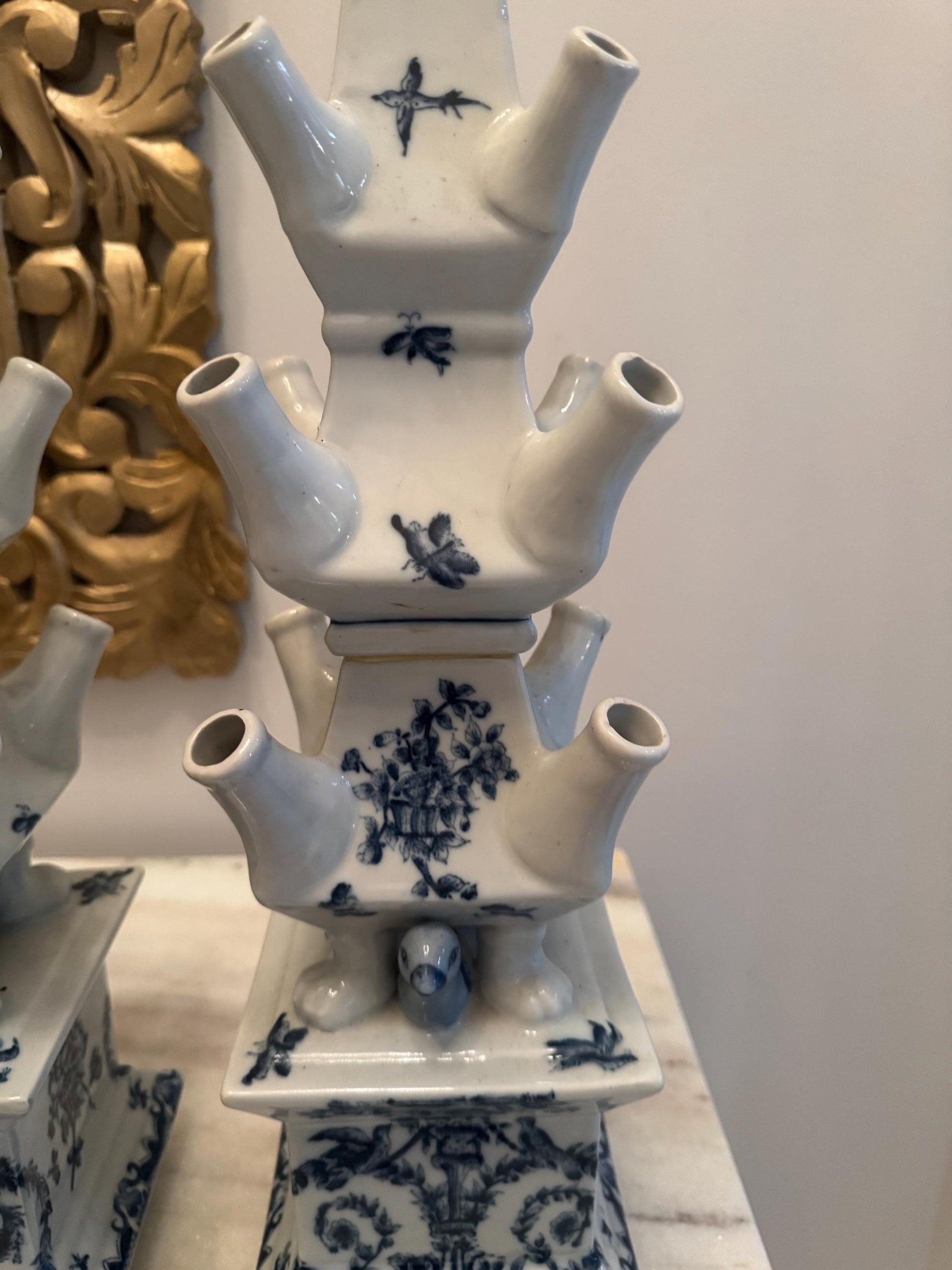 Pair of Vintage Blue & White Delft Tulipiere Vases | Multi-Spout Dutch Chinoiserie Tulip Holders | Old Money Grandmillennial Decor