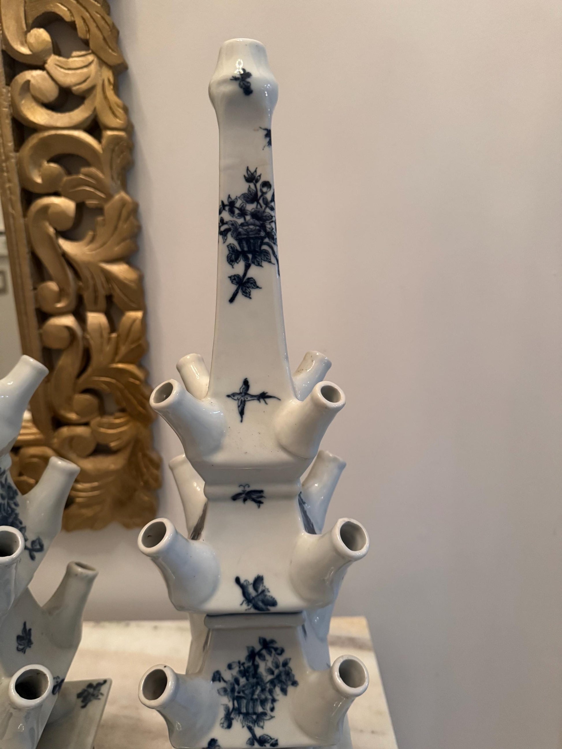Pair of Vintage Blue & White Delft Tulipiere Vases | Multi-Spout Dutch Chinoiserie Tulip Holders | Old Money Grandmillennial Decor