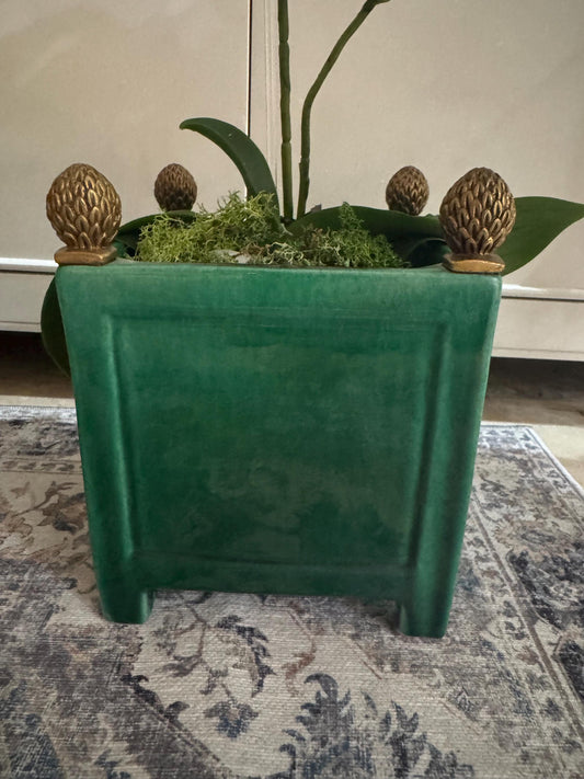 Planter vintage chinoserie Gold pinecone finials green cache pot Hollywood regency