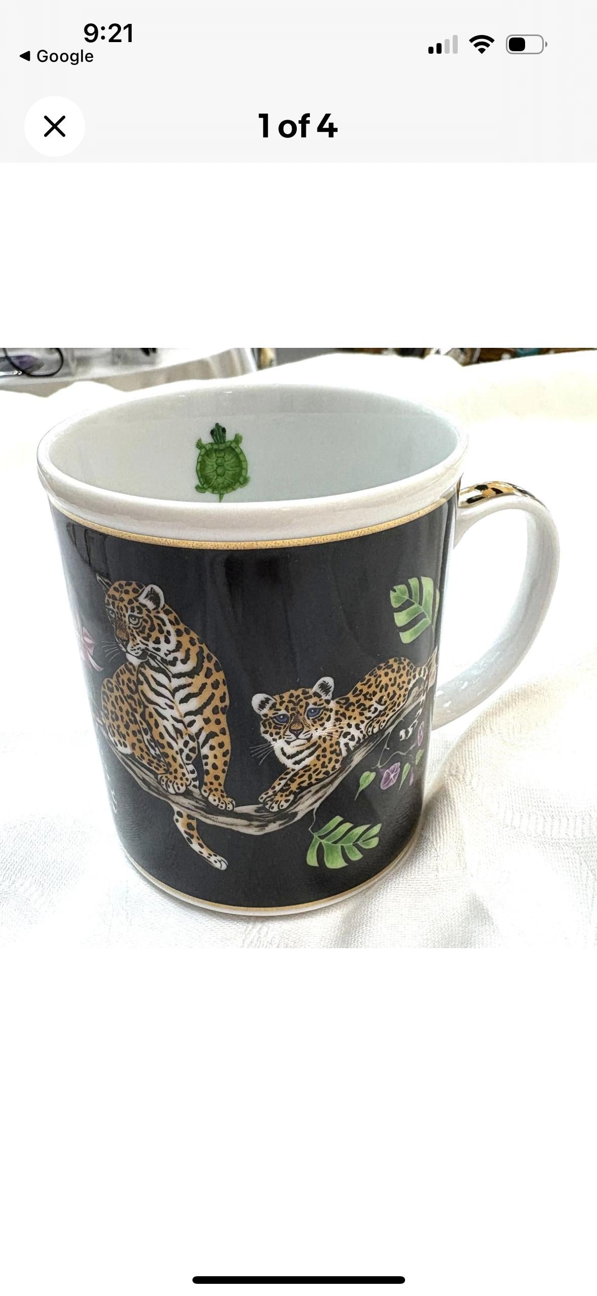 Lynn Chase Jaguar Jungle Cups Mugs Leopard Coffee Cups Gold trim set of 5