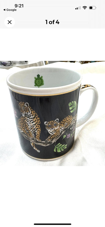Lynn Chase Jaguar Jungle Cups Mugs Leopard Coffee Cups Gold trim set of 5