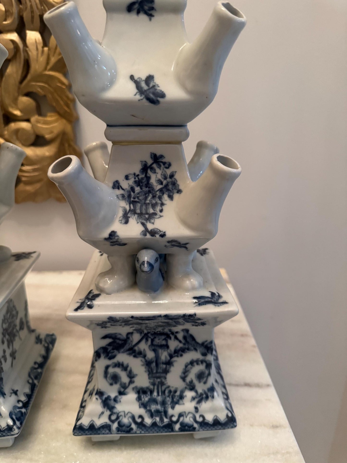 Pair of Vintage Blue & White Delft Tulipiere Vases | Multi-Spout Dutch Chinoiserie Tulip Holders | Old Money Grandmillennial Decor