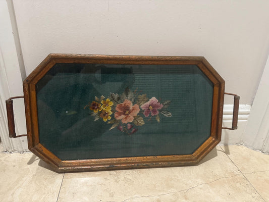 Needlepoint Tray vintage Green and gold handles with glass top Rare Needlepoint Piece Cottage ore Grandmacore