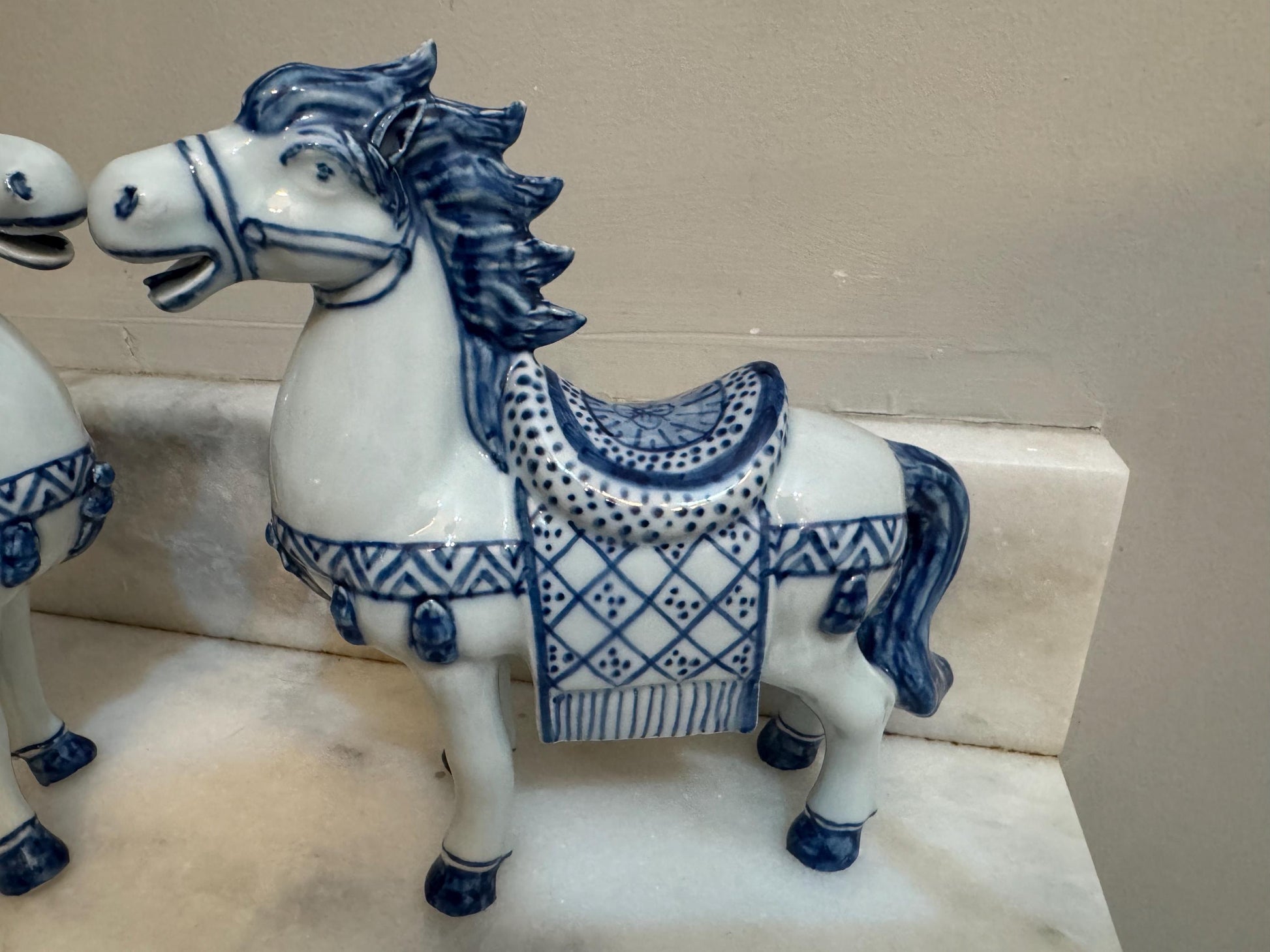 Asian Horses Blue White Set of Chinese Horses book ends figures
