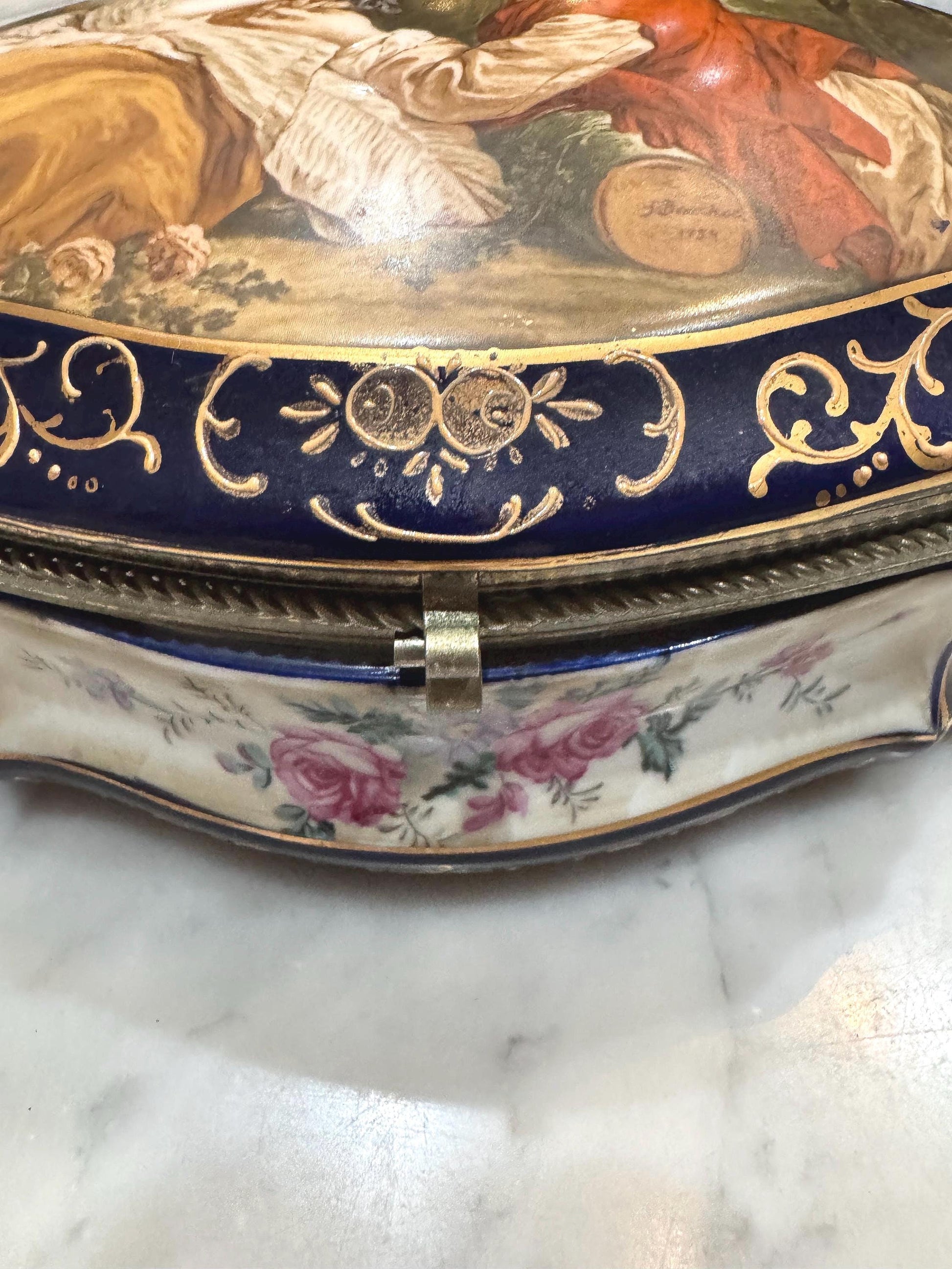 Severes Dresser Box with silver trim French pastoral scene with floral inside