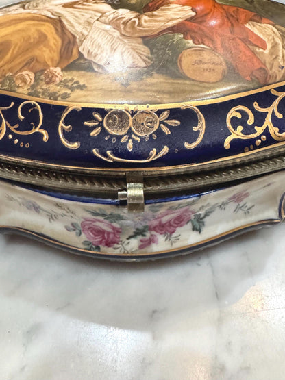 Severes Dresser Box with silver trim French pastoral scene with floral inside