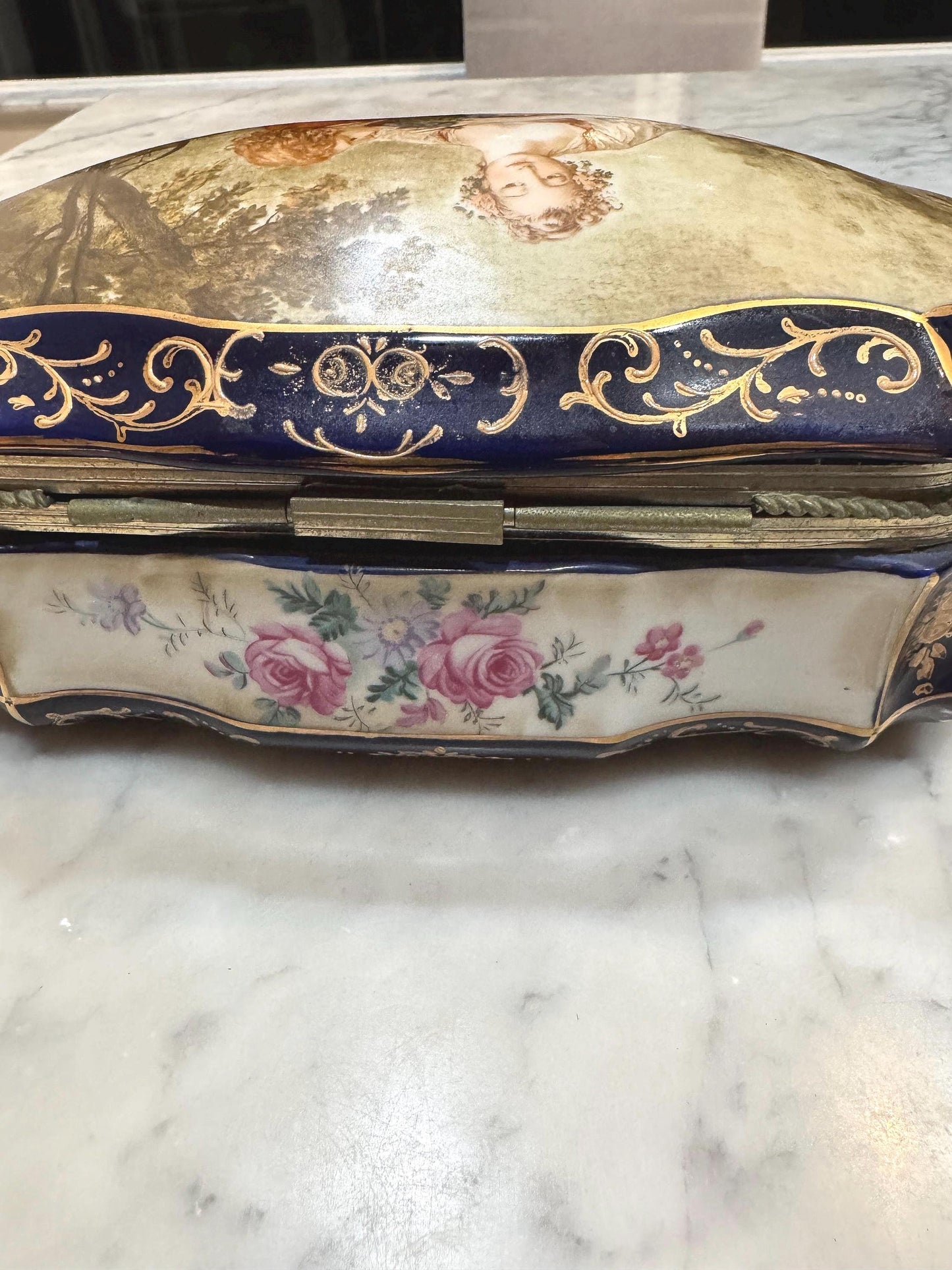 Severes Dresser Box with silver trim French pastoral scene with floral inside