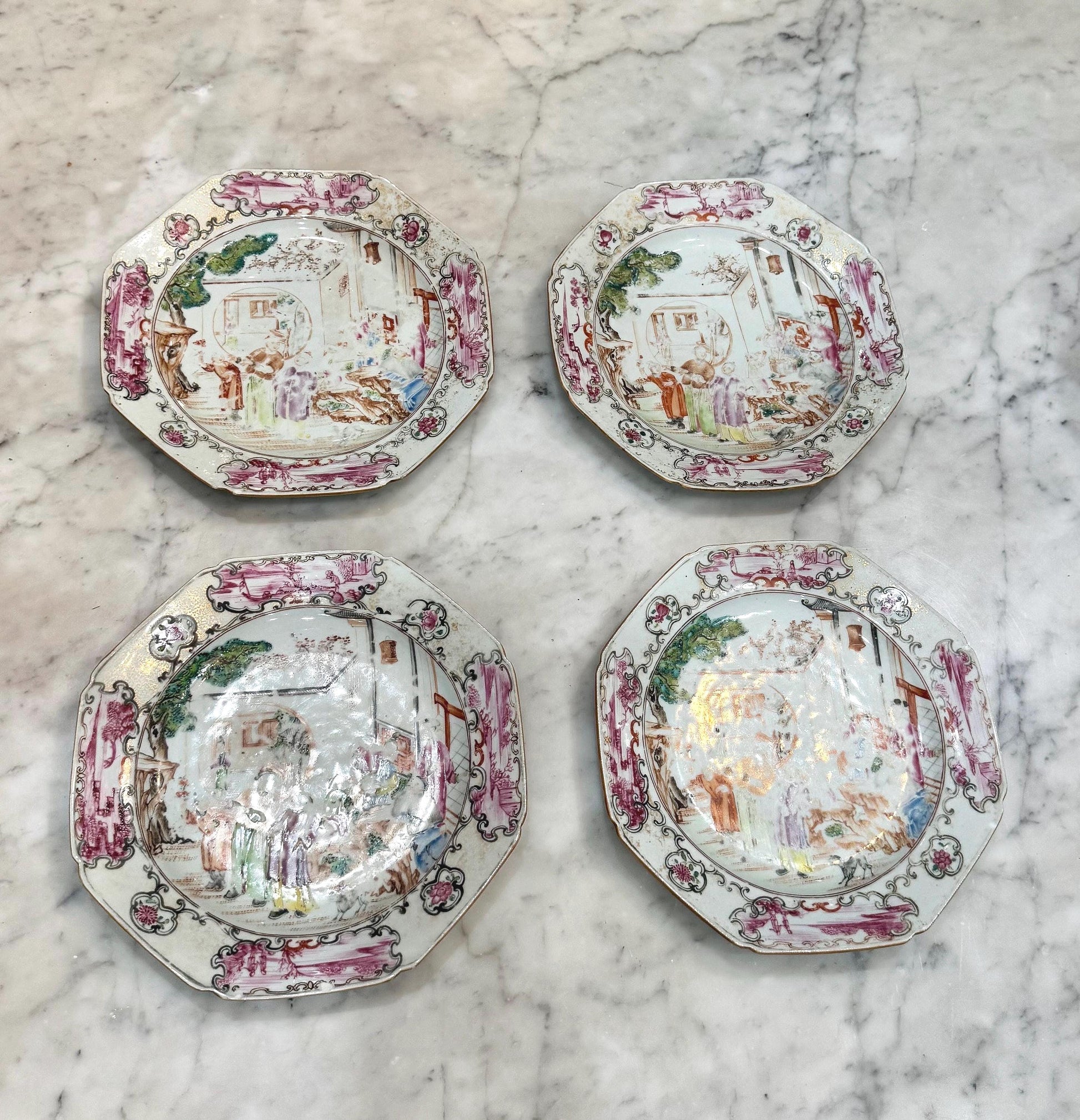 Famille Rose Qianlong octagon plates Antique rare set of 4