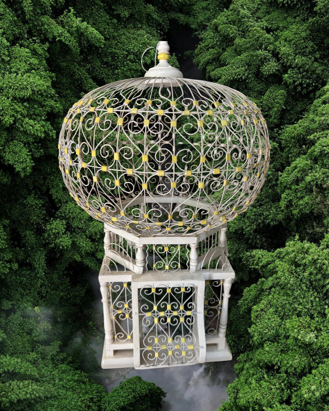 pagoda bird cage wood and metal white with Lemon yellow accents Palm Beach Regency Chinoserie