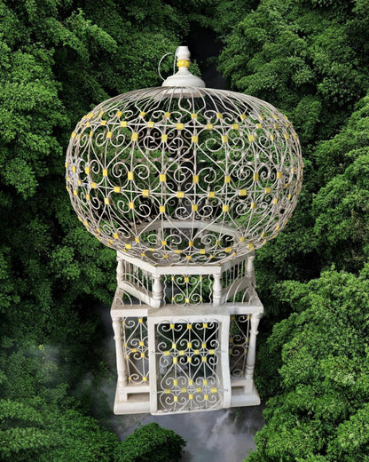 pagoda bird cage wood and metal white with Lemon yellow accents Palm Beach Regency Chinoserie