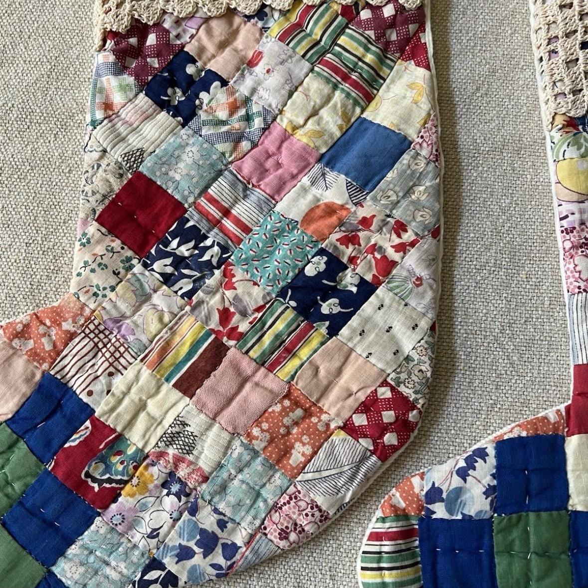 Hand made stockings vintage quilt Christmas stockings set of 2 pristine condition