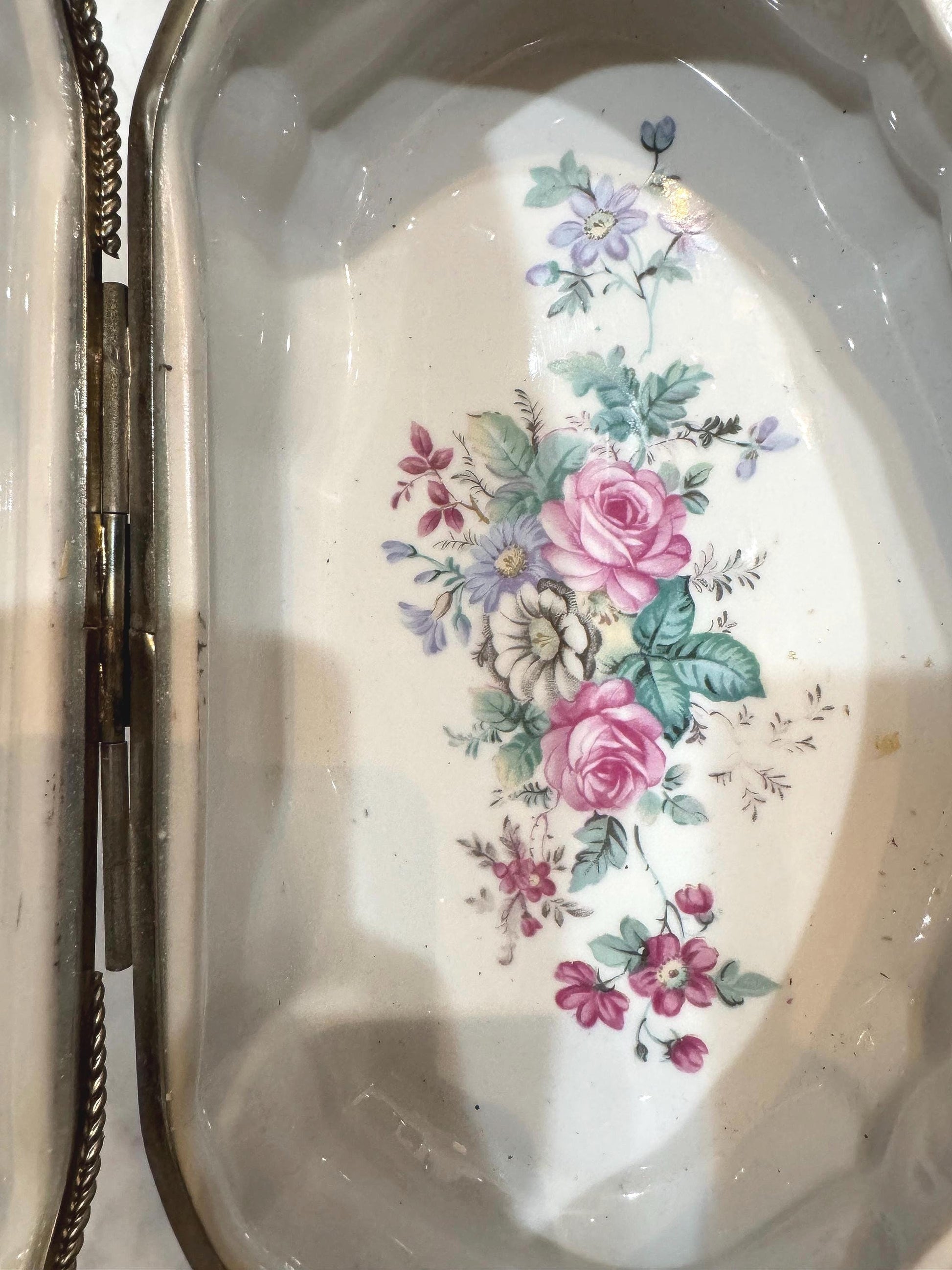 Severes Dresser Box with silver trim French pastoral scene with floral inside