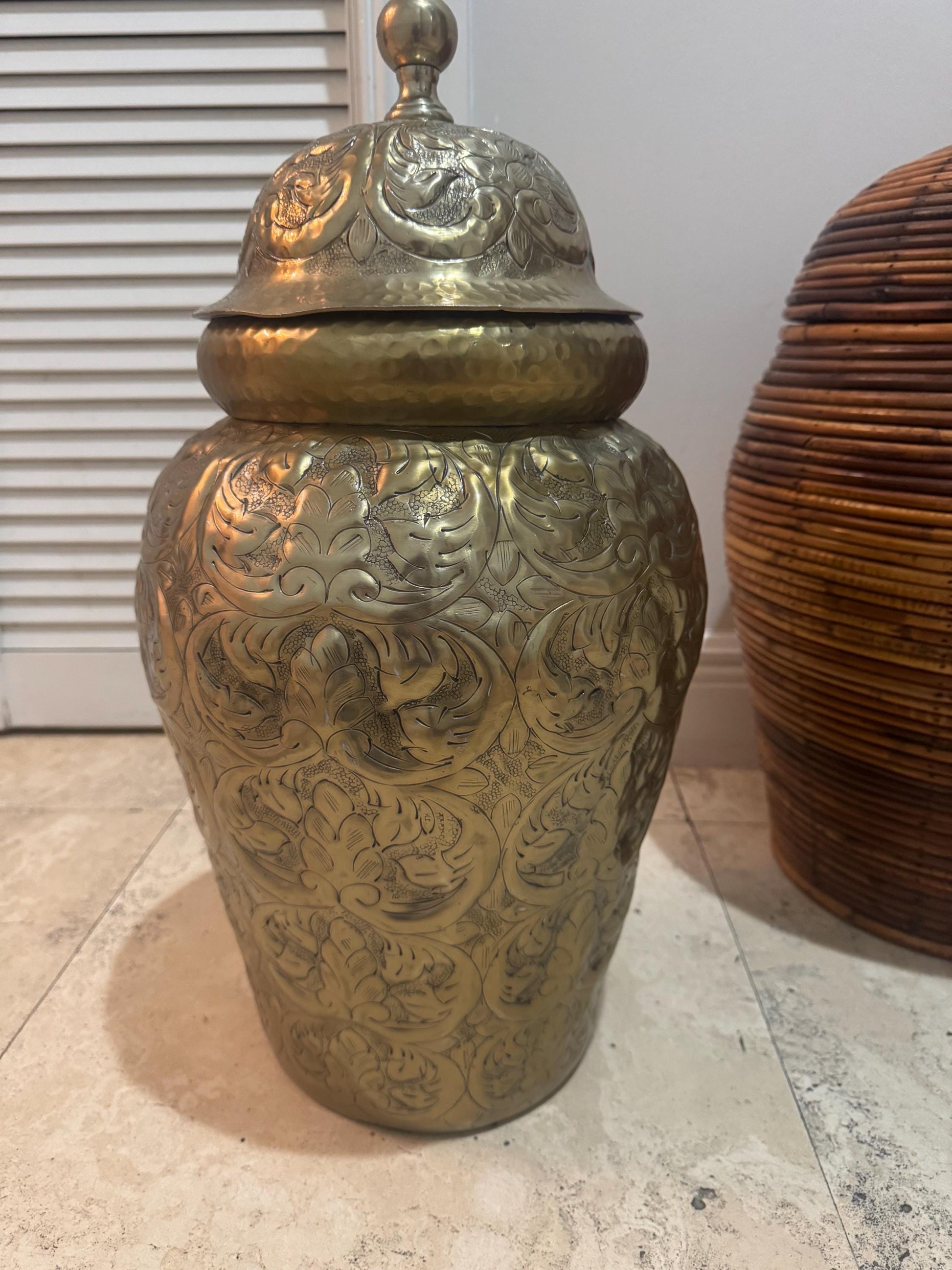 Brass Temple Jar Floor vase with lid vintage brass vase jar