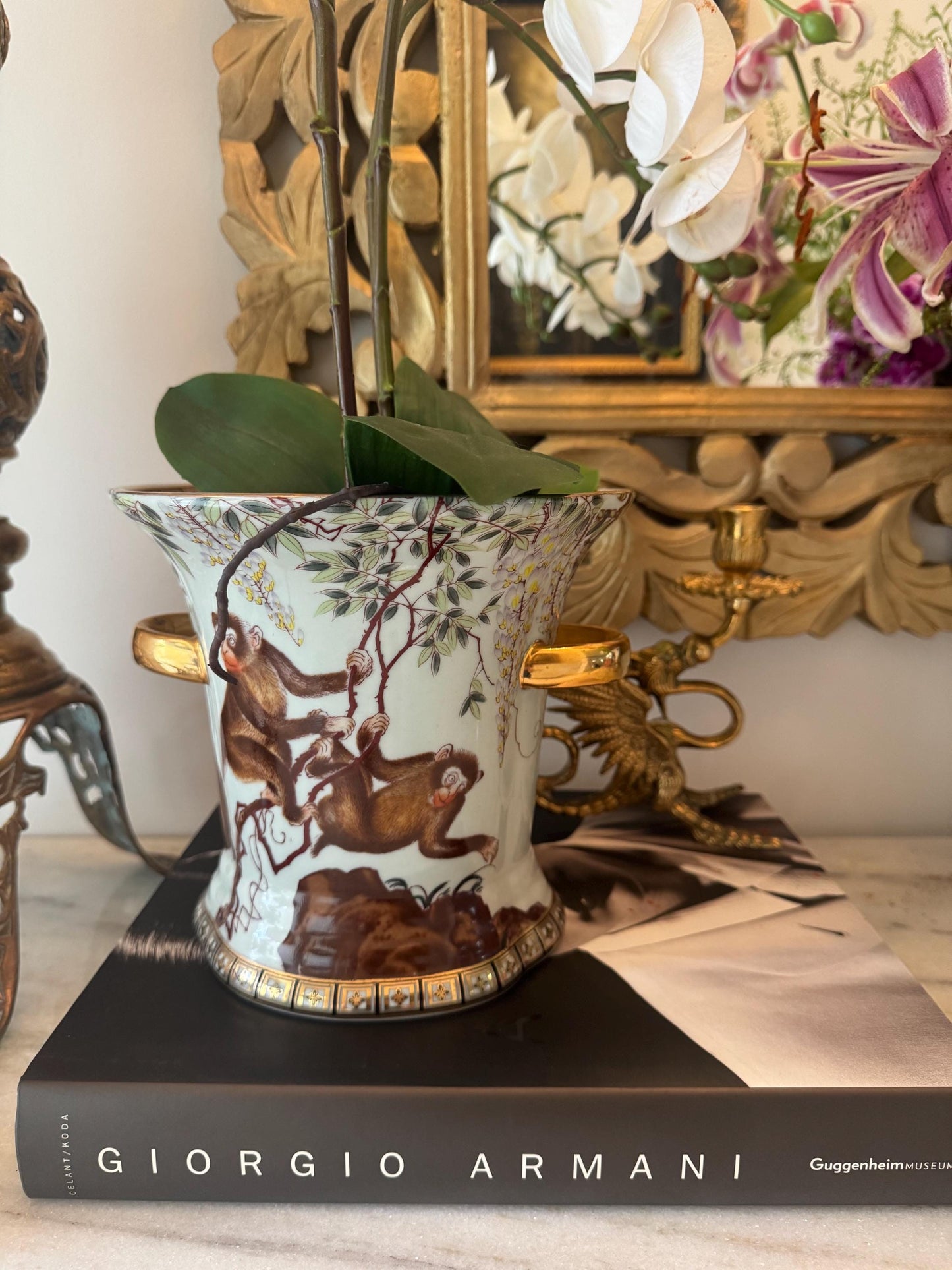 monkey around cache pot Bombay company monkey chinoserie planter pot