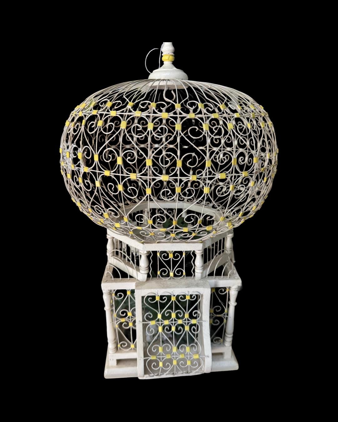 pagoda bird cage wood and metal white with Lemon yellow accents Palm Beach Regency Chinoserie