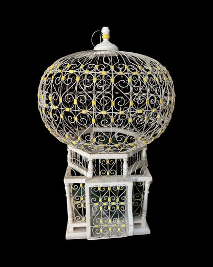 pagoda bird cage wood and metal white with Lemon yellow accents Palm Beach Regency Chinoserie