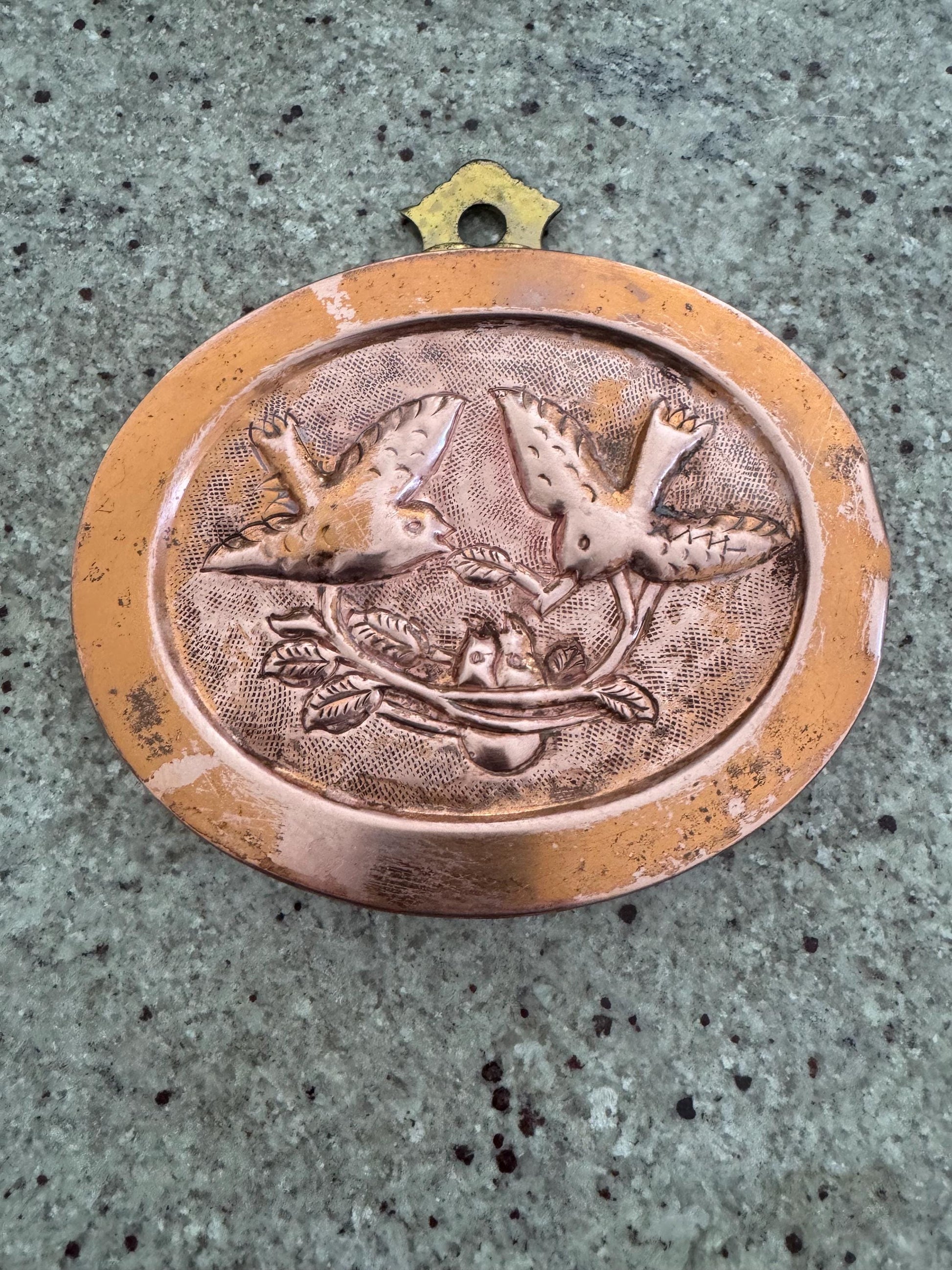 cooper bird nest mold with brass hook vintage copper mold
