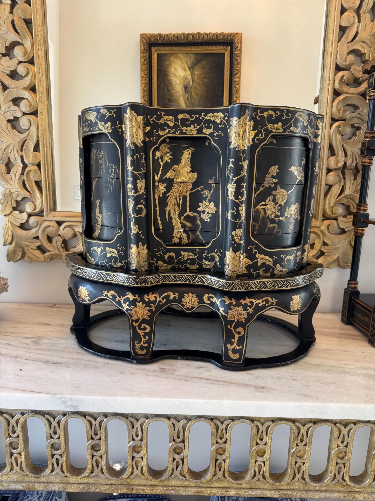 Chinese wedding box vintage black Asian piece brides basket box