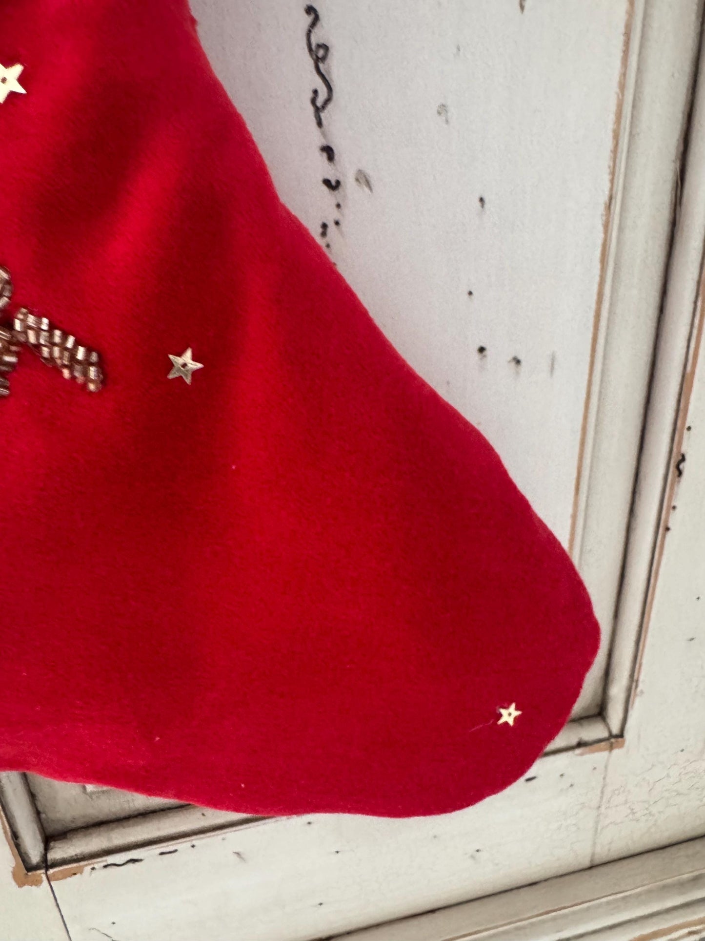 vintage red velvet beaded Christmas stockings set of 5 excellent condition gold trim
