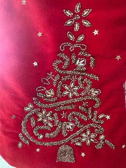 vintage red velvet beaded Christmas stockings set of 5 excellent condition gold trim