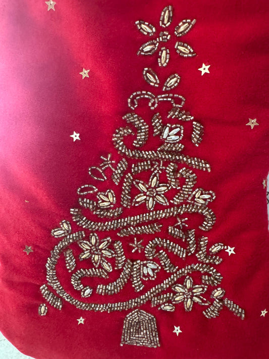 vintage red velvet beaded Christmas stockings set of 5 excellent condition gold trim