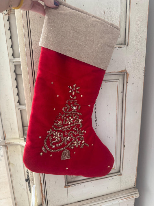vintage red velvet beaded Christmas stockings set of 5 excellent condition gold trim