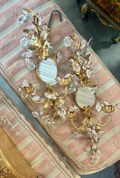 Gold Leaf Candle Sconces Crystal Italian antique set of 2 Gallery Wall Sconce