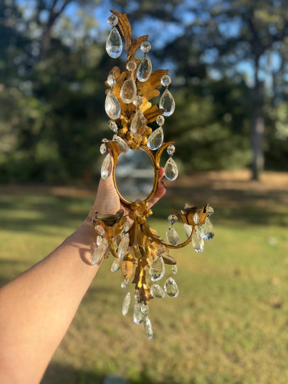Gold Leaf Candle Sconces Crystal Italian antique set of 2 Gallery Wall Sconce