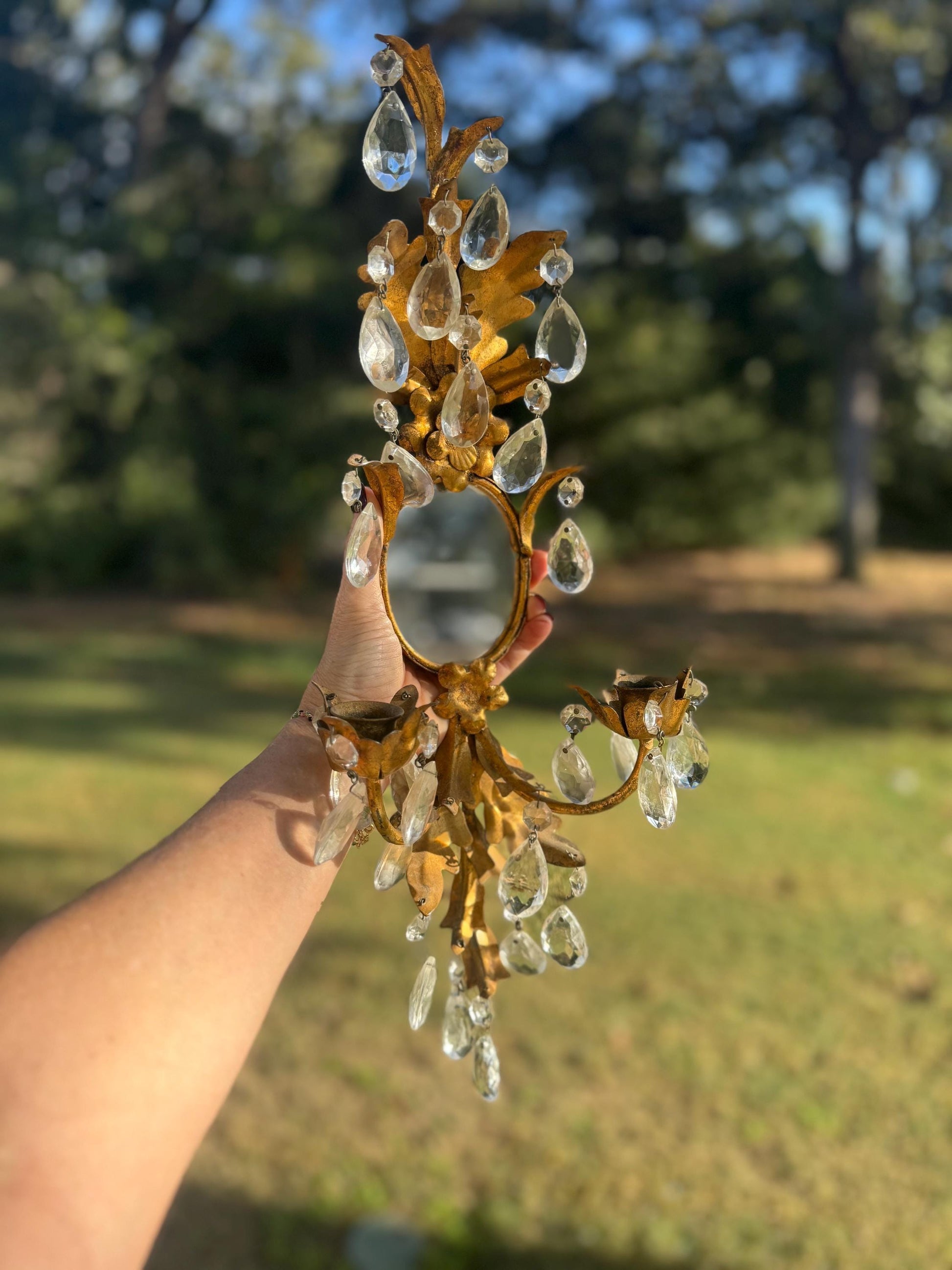 Gold Leaf Candle Sconces Crystal Italian antique set of 2 Gallery Wall Sconce