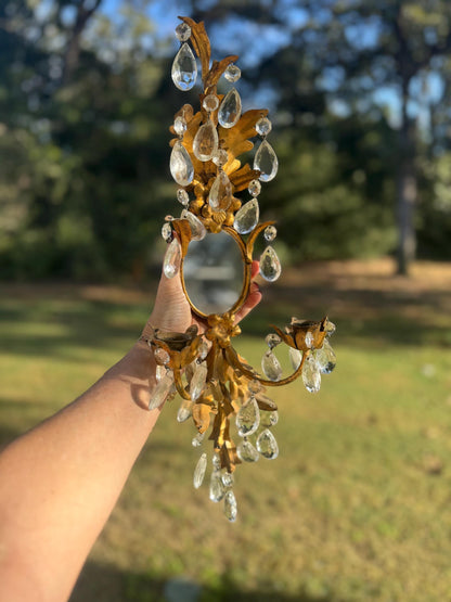 Gold Leaf Candle Sconces Crystal Italian antique set of 2 Gallery Wall Sconce