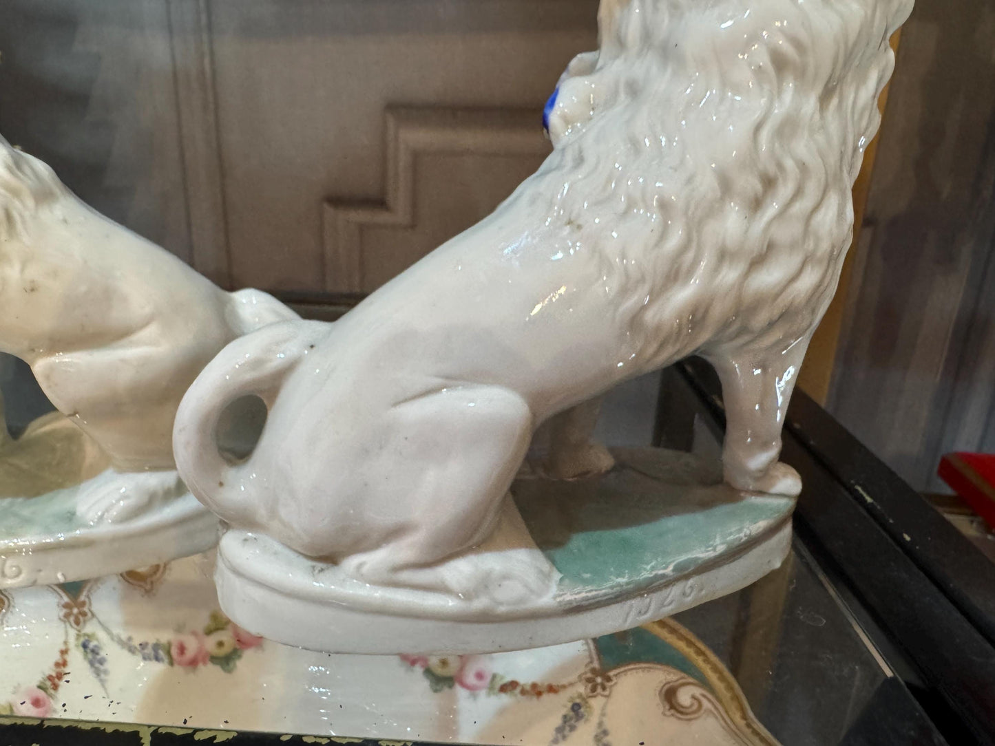 Dresden Staffordshire Poodles Pair with piggies Rare old German poodle figures Adorable Antique pair of dog figures