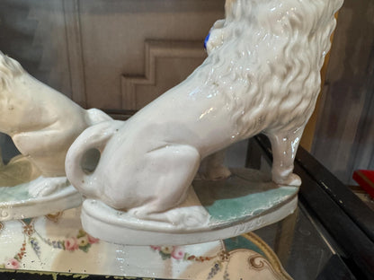 Dresden Staffordshire Poodles Pair with piggies Rare old German poodle figures Adorable Antique pair of dog figures